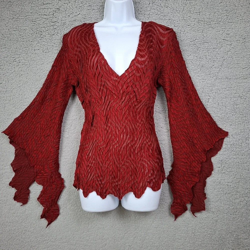 Women's Red Crinkle Whimsigoth Long Sleeve Wrap Top Scalloped Hem V neck XL-2X